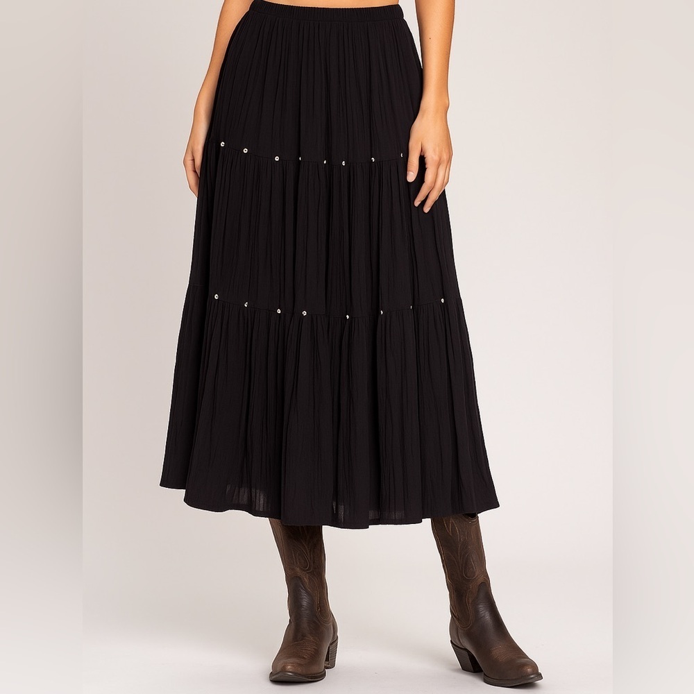 Women’s Vtg Arella Black Western Southwest Cowgirl Maxi Skirt W/ Studs Size L